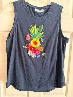 Kiwi 🥝 Fresh XL Women's Navy Tropical Floral Tank Top Sleeveless 2-D